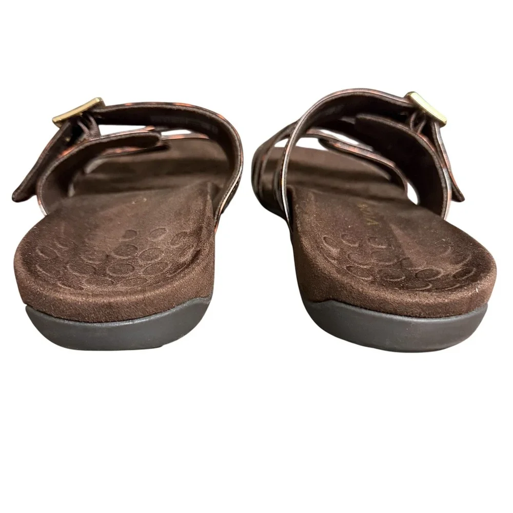 Vionic Skylar Tortoise Shell Patent Adjustable Slide Sandals Brown Gold Buckle